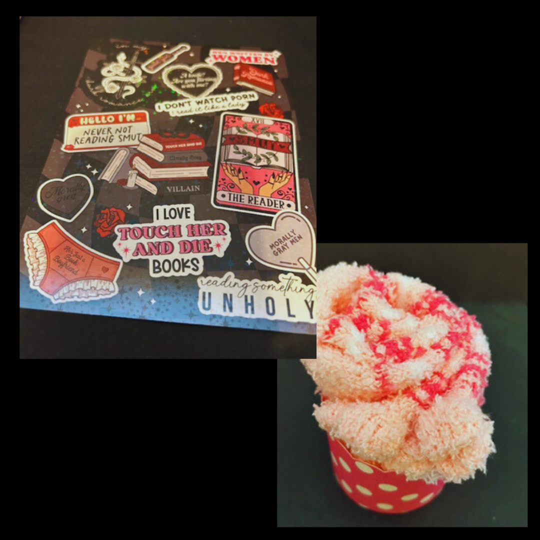 Dark Romance Kindle insert and a cupcake with pink frosting and white polka dots ( fuzzy socks).