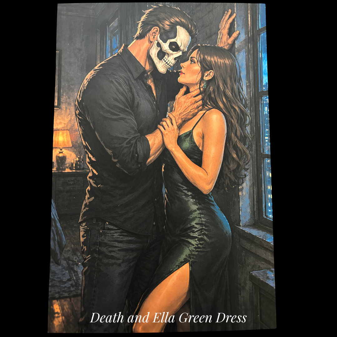 Death and Ella Green Dress - Hand-signed character art postcard from the Shadows Universe series